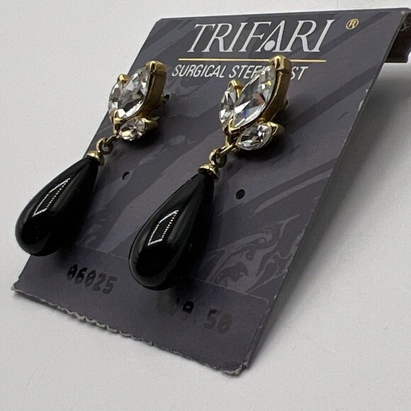 Trifari Pierced Earrings Rhinestone Black Dangle - Picture 3 of 3